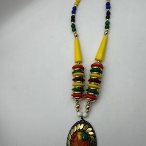 Multi-colored beaded necklace with gold tone pendant jewelry